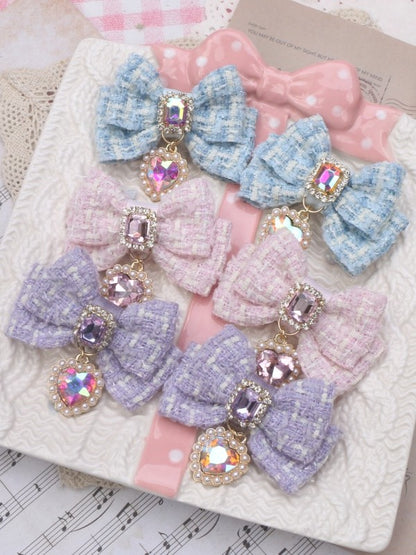 Jirai Tweed Charm Bowknot Heart 6 Hairclip Rhinestone Color Kei Options