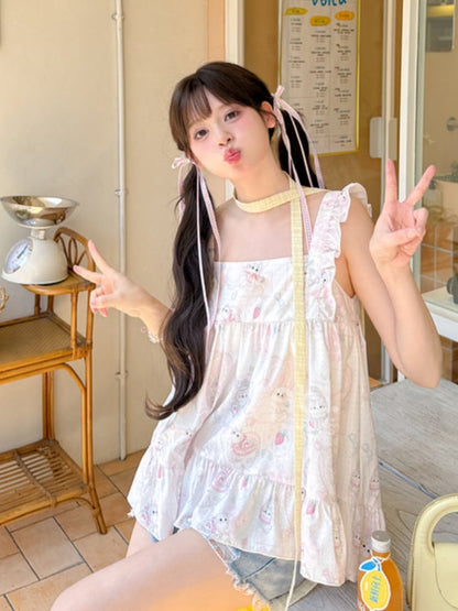 Drucken Sie süße rosa Flatterärmel Allover ärmelloses Top Kitty