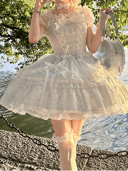 Jumper Detachable Sleeves Skirt Sweet Lolita Dress Flutter with Big Blue Lace-up Bodice High Waist Bow