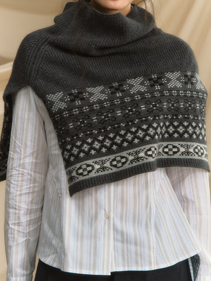 Vintage Fair Isle Jacquard Shawl- Cozy High Neck Pullover for Fall/Winter Dark Gray