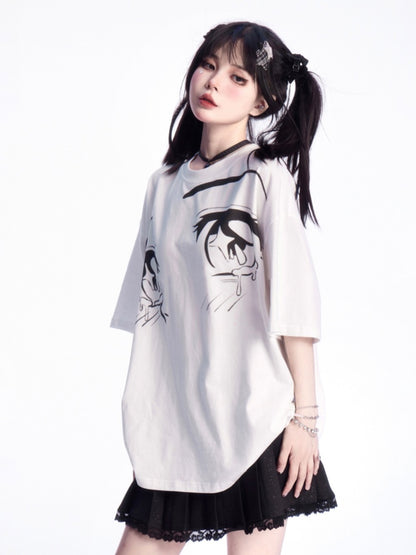 ホワイトラウンドネックアイプリントルーズTシャツ