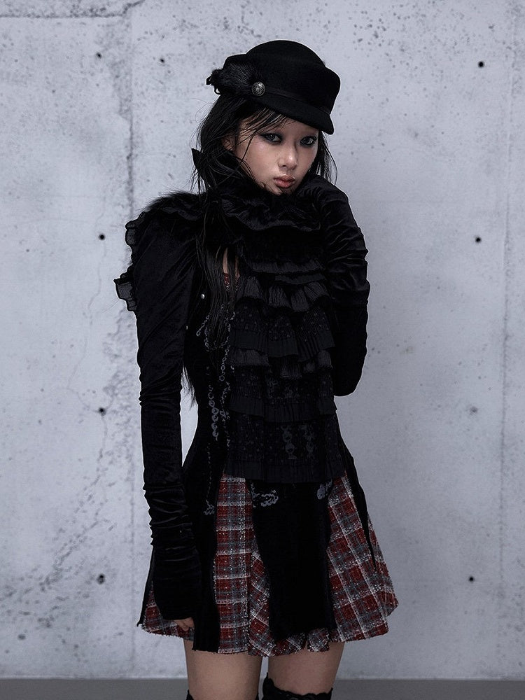 Delicate Lace Vintage Plush Layered Punk Scarf Ruffles - Black