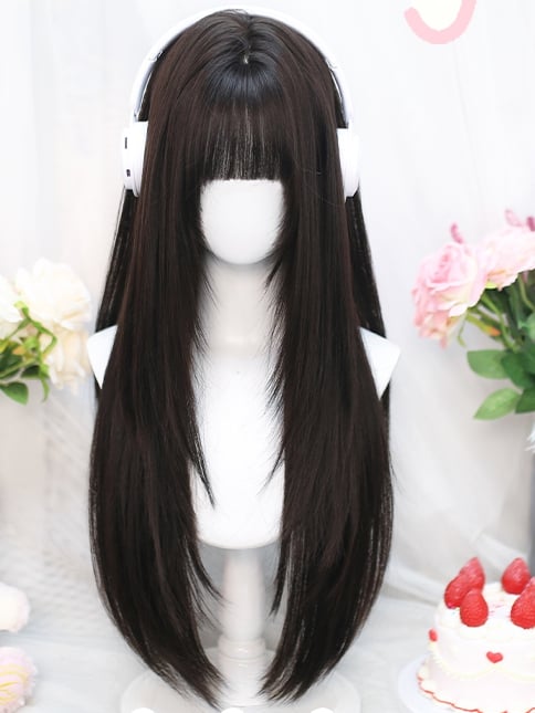 Mit schwarzem 70-75CM Pony Perücke Länge Tee gerade Luft