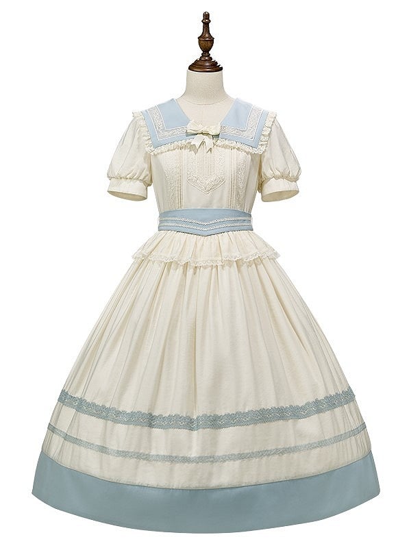 Lace Milk White Sailor Dress Puff Sleeves and Trim Collar Lolita with Light Blue