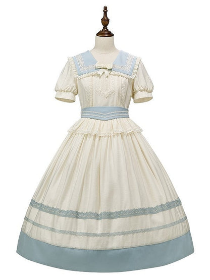 Lace Milk White Sailor Dress Puff Sleeves and Trim Collar Lolita with Light Blue