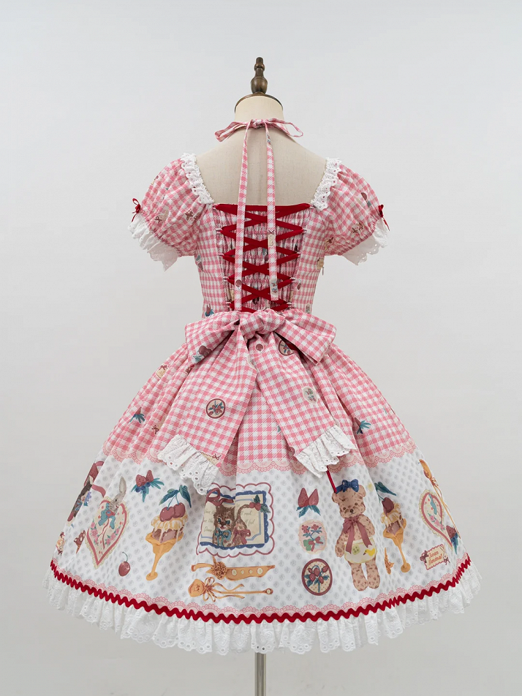 Dress Sweet Lolita and Teddy Cherry Dessert Gingham Pink Print