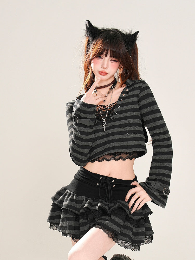 華やかなティアードスカート ブラックストライプ レーストリム レースアップウエスト