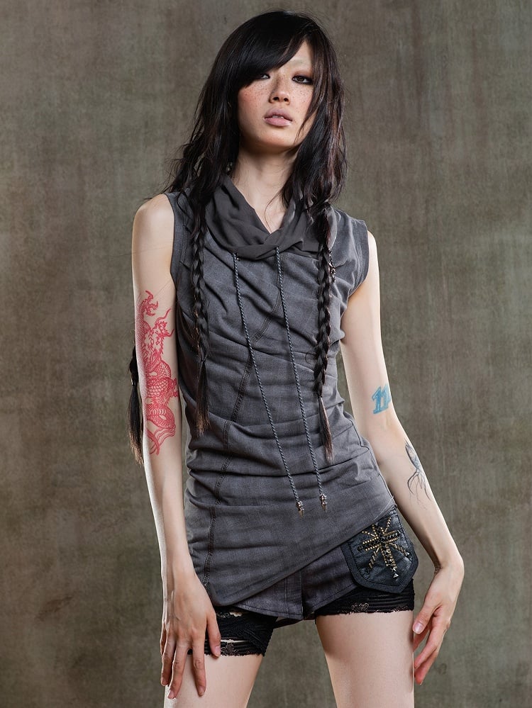 Cross Zipper Drawstring Gray Vest Asymmetrical Punk Neckline Charms with Dark