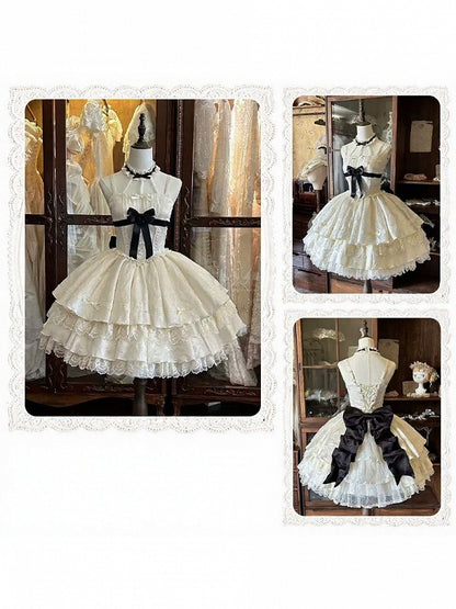 Apricot Lace-Trim JSK Dress with Black Bows - Die Die Zi