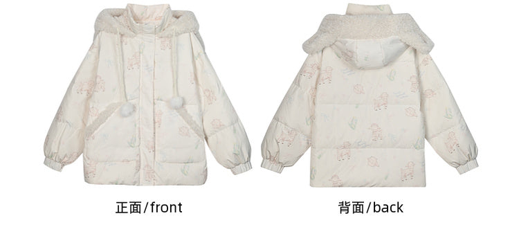Süße weiße Daunenjacke mit Kapuze und Lamm-Print, kurze/lange Version