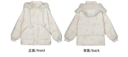 Süße weiße Daunenjacke mit Kapuze und Lamm-Print, kurze/lange Version