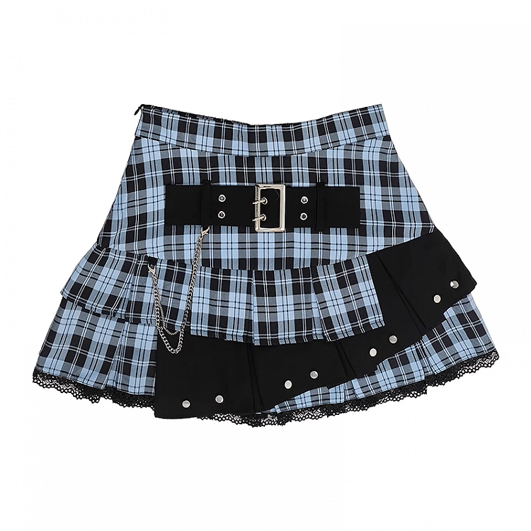 Y2K ライトブルー バックルストラップ ティアード チェックスカート