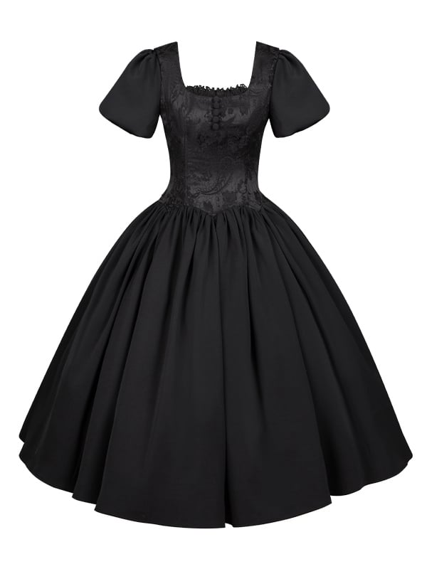 Black Boned Waist Square Neckline Elegant Lolita Dress Long Version