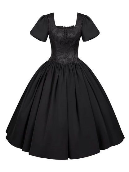 Black Boned Waist Square Neckline Elegant Lolita Dress Long Version