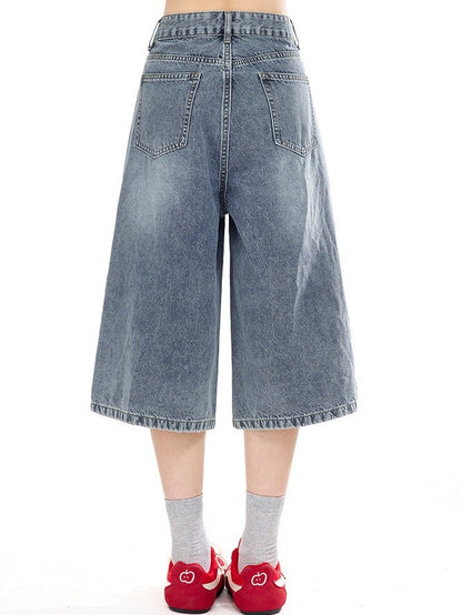 Blue Cropped Wide-Leg Denim Pants Star Appliqué