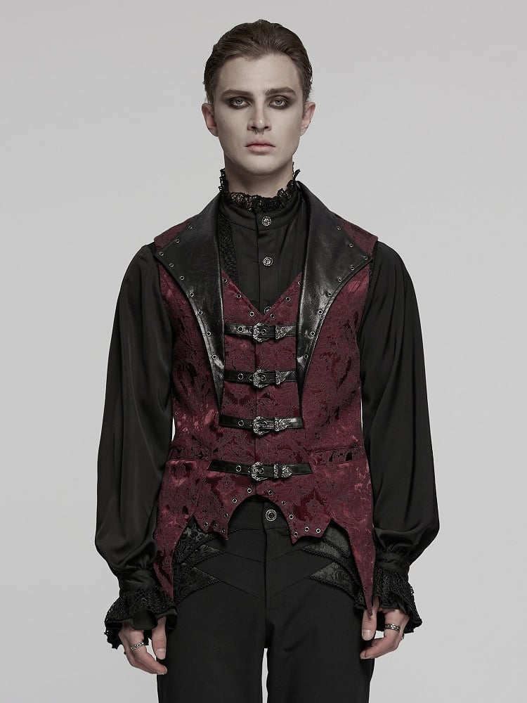 Lapel Jacquard Black Red Gothic Vest Men's