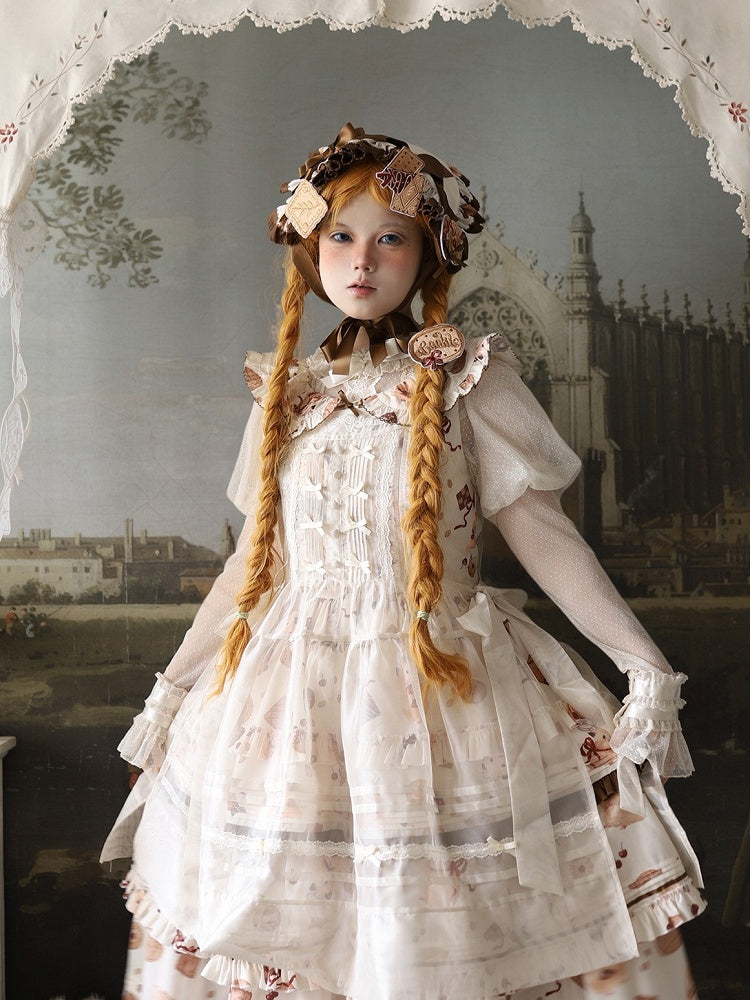 Hamster Dress Cookie Brown Triangular and Apron Headscarf Lolita Sweet Yellow Print Full Set + Brooches