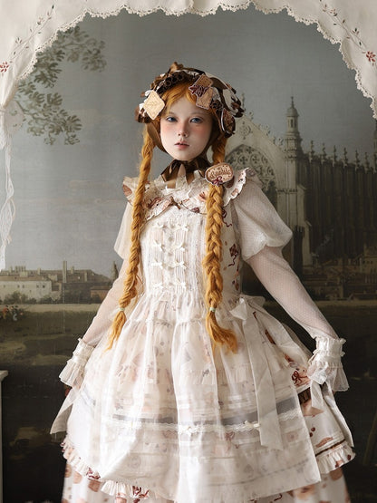 Hamster Dress Cookie Brown Triangular and Apron Headscarf Lolita Sweet Yellow Print Full Set + Brooches