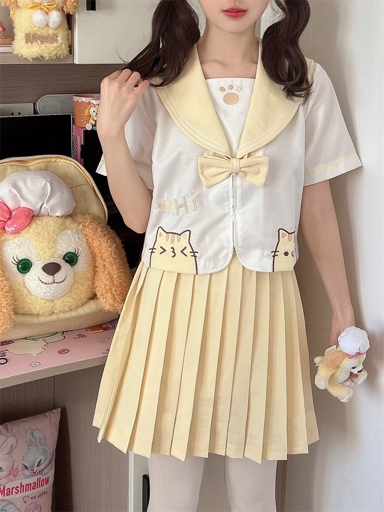 Yellow & White Sailor Collar Kitty Embroidery JK Uniform Top