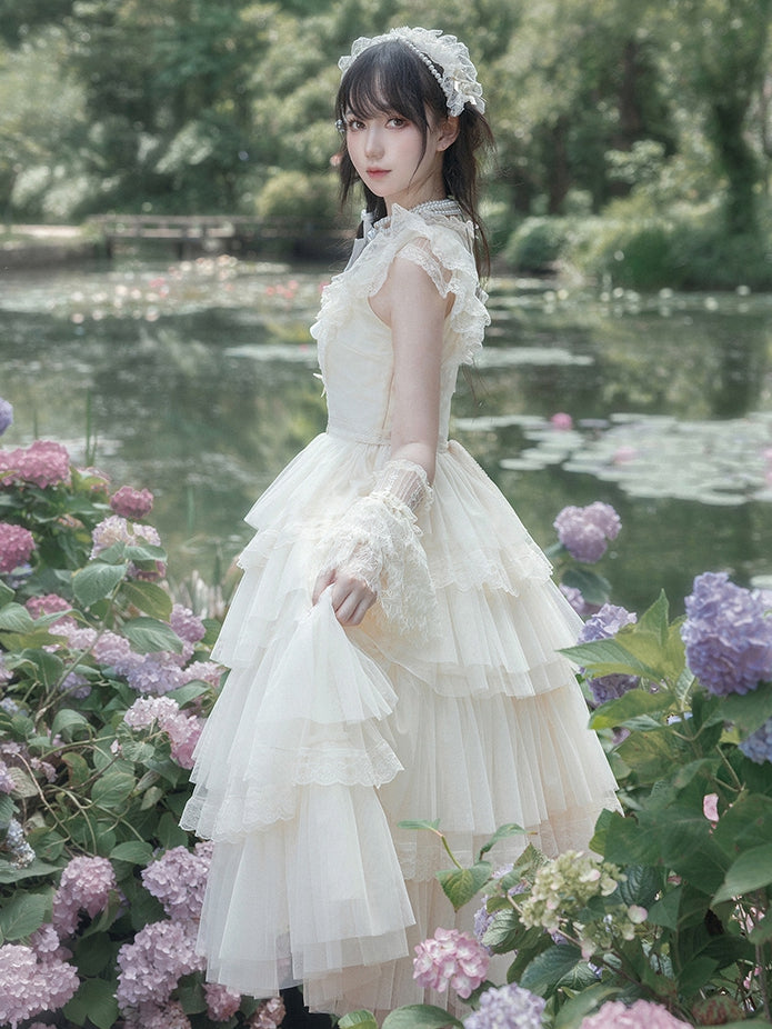 Beige Flutter Sleeve Ruffle Round Neck Tulle Tiered Skirt Lolita OP - With PUJI
