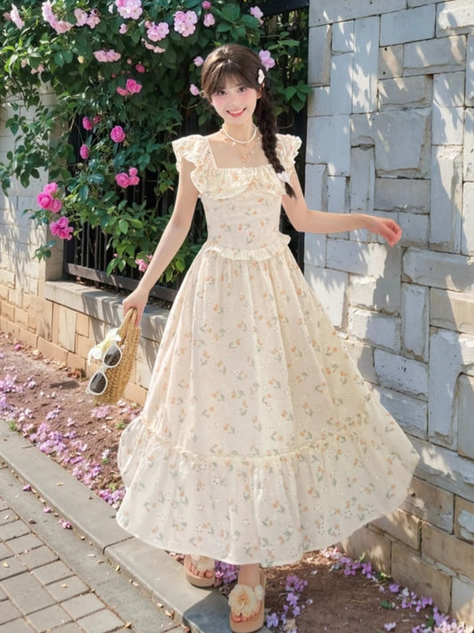 Square Neck Cottagecore Floral Sleeveless Dress Apricot Ruffled