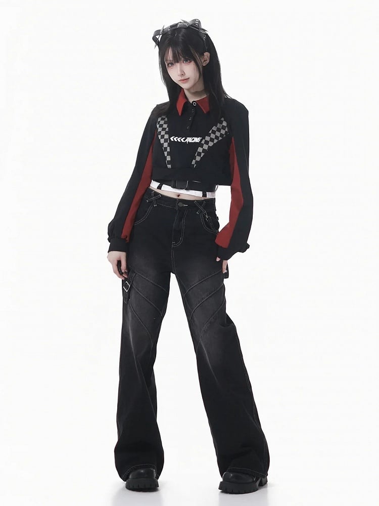 Futuristic Red Cropped Black Checked Color-Block Camisole Sweatshirt Techwear with