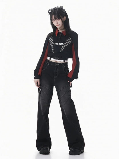 Futuristic Red Cropped Black Checked Color-Block Camisole Sweatshirt Techwear with