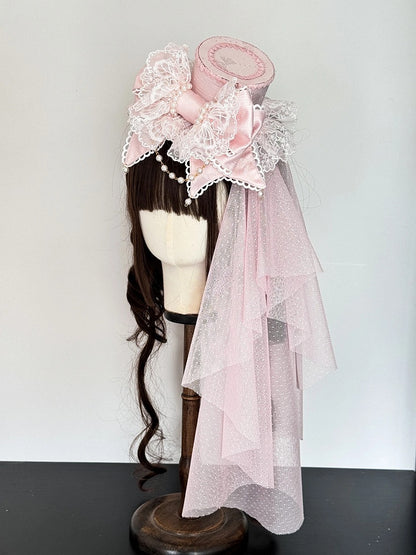 Pink (Lace Pearl Veil Lolita Pastel Mini with Hat Head Accents)