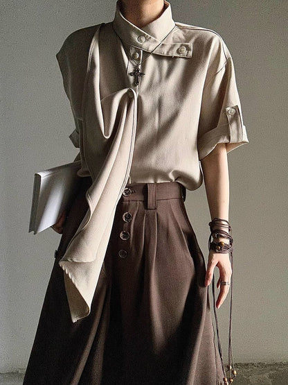 Button Unisex Khaki Extended Short Sleeve Shirt with Collar Stand