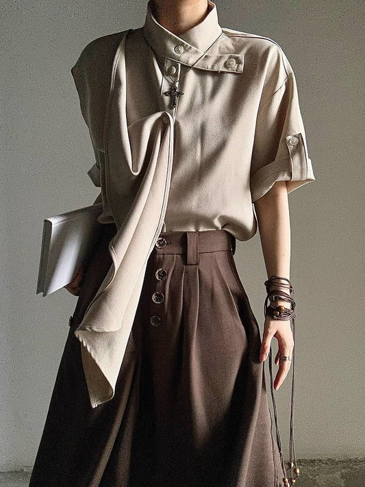 Button Unisex Khaki Extended Short Sleeve Shirt with Collar Stand