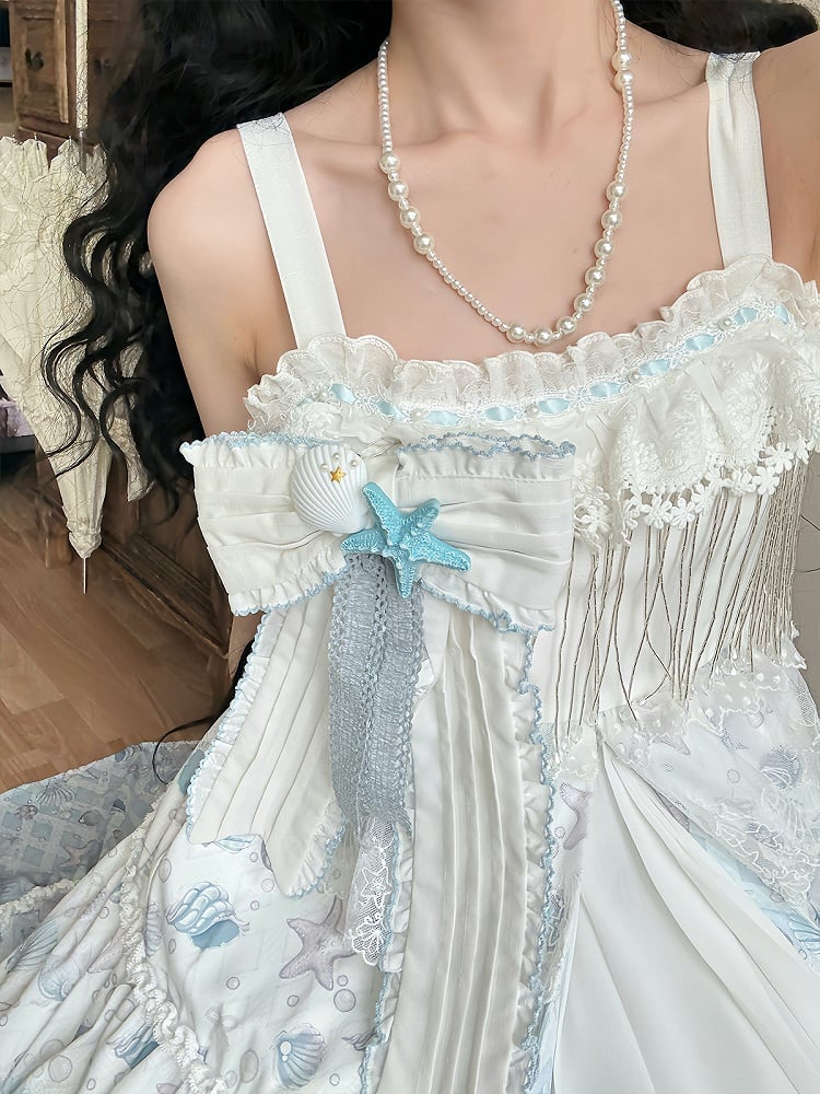 Blaues Lolita-Muschelkleid mit weißem Meeresdruck und Seesternen