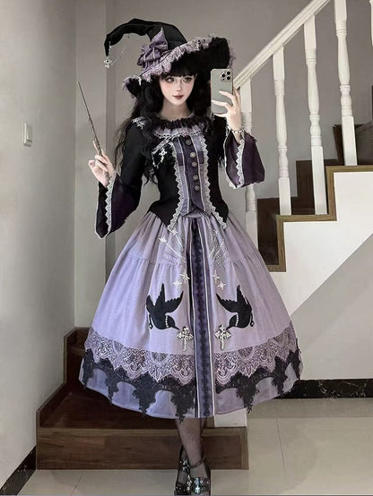 Purple Long Black Skirt Crow Patch Lolita Set + Top Wicthy Gothic