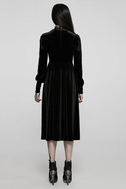 Black Long Sleeves Invisible Zipper High-Waisted Hollow Stitching Gothic Dress