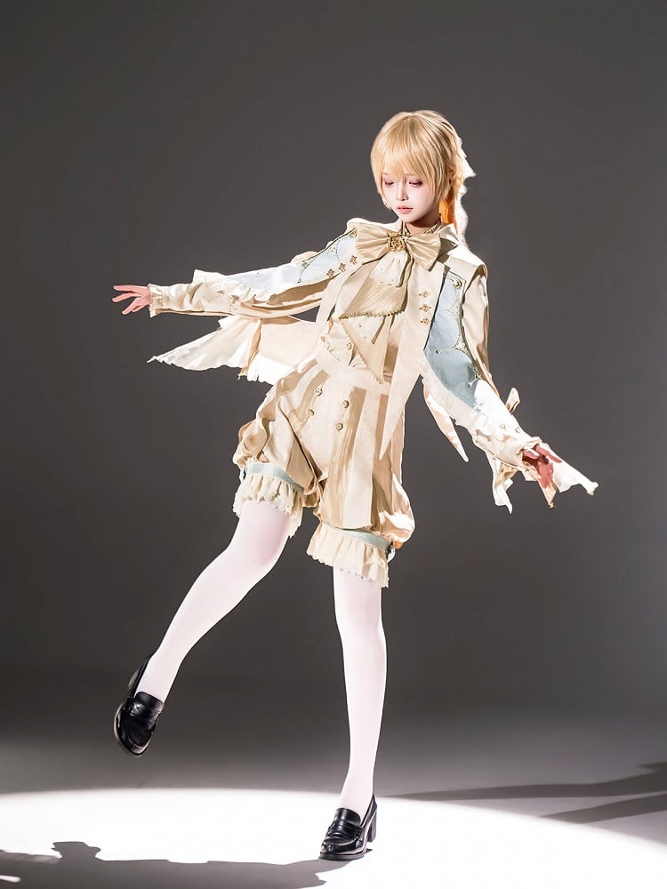 Bishop Sleeve Ouji Shirt and Striped Shorts Set with Angel Wing Collar - Unknown Star