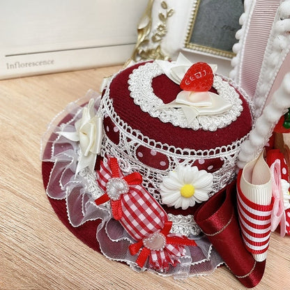 Red&White Sweet Lolita Strawberry Bunny Ears Mini Hat