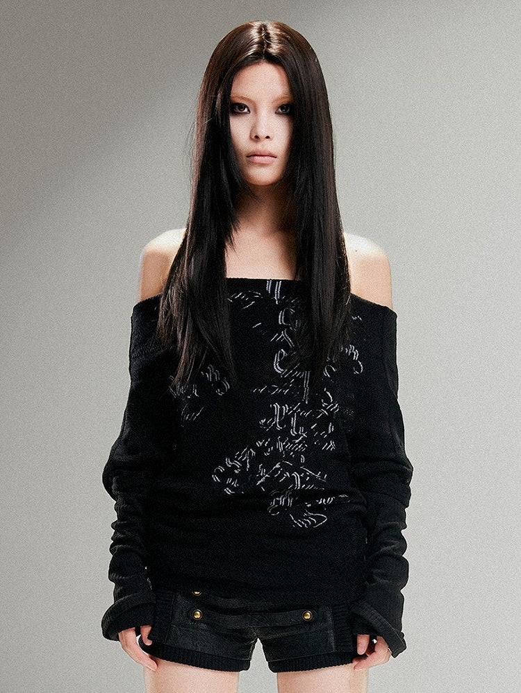 Vintage Print Totem Knit Off-Shoulder Punk Black Top Loose Fit