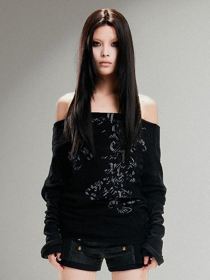 Vintage Print Totem Knit Off-Shoulder Punk Black Top Loose Fit