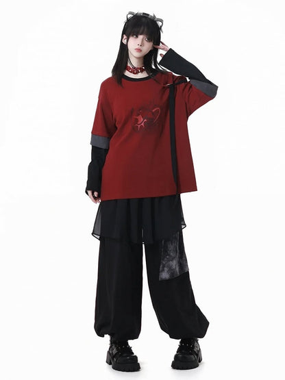 Elastic Casual Dye Style Mesh Tie Patchwork Black and Pants Cheongsam Cuffs Waist