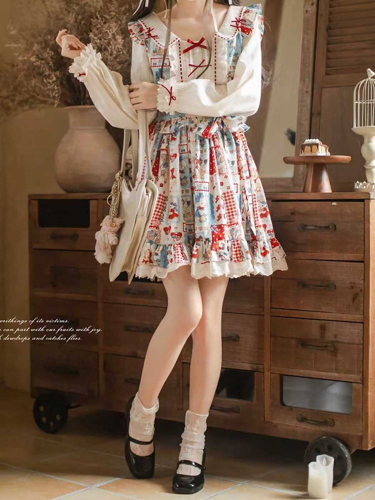 Red with Style Patchwork Long Lolita Blue Showa Dress: Sleeve Belt Sweet Waist Retro