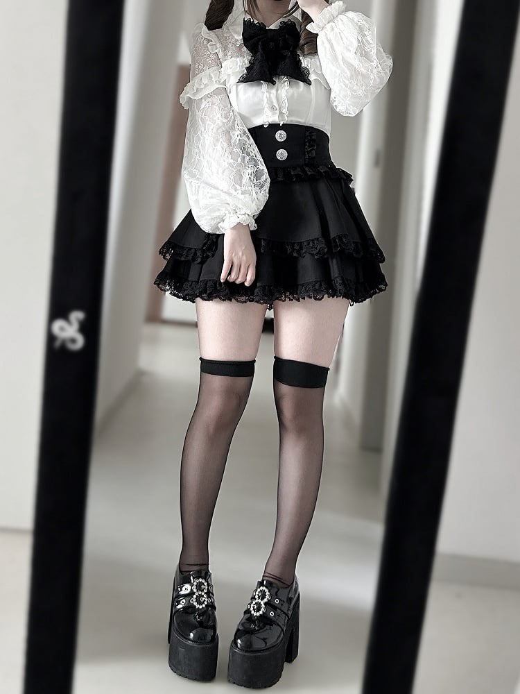 Illusion Neckline Blouse with Bead Details and Rhinestone Buttons Jirai Kei White