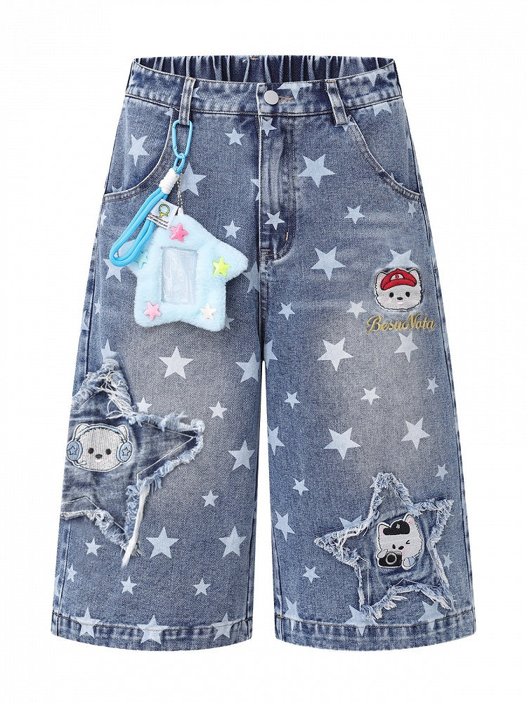 Kawaii Blue Star Print Cropped Jeans with Distressed Embroidery - Languid Park