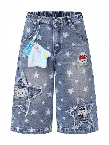 Kawaii Blue Star Print Cropped Jeans with Distressed Embroidery - Languid Park