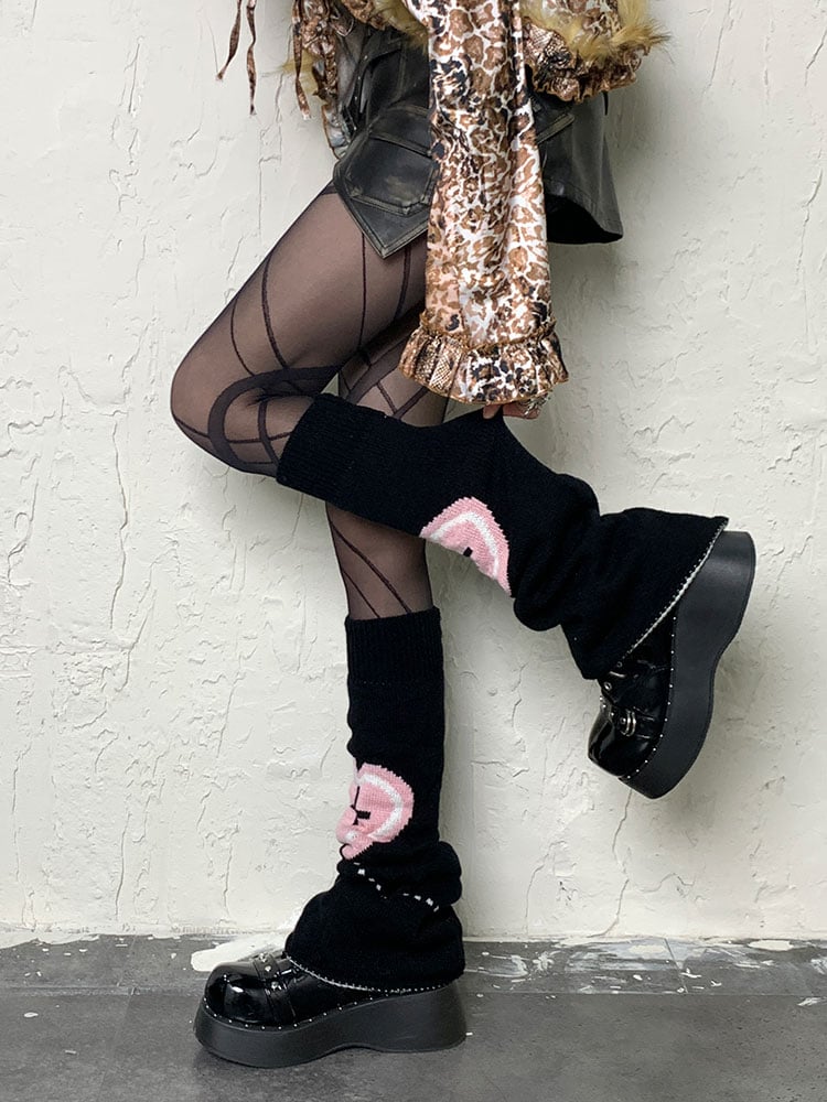 Yami Kawaii Schwarze Y2K Herz-Kreuz-Muster Beinwärmer
