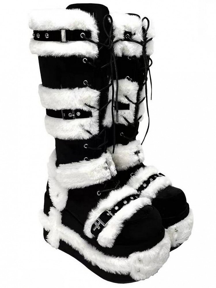Y2K Details Dual Studded Cross Knee-High Platform Closure Accents Boots 9cm Black with -