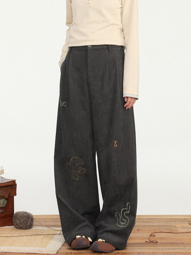 Pants Straight-leg Dark Vintage Gray Cut Animal - Embroidery Cute