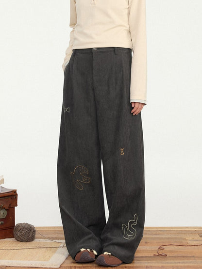 Pants Straight-leg Dark Vintage Gray Cut Animal - Embroidery Cute