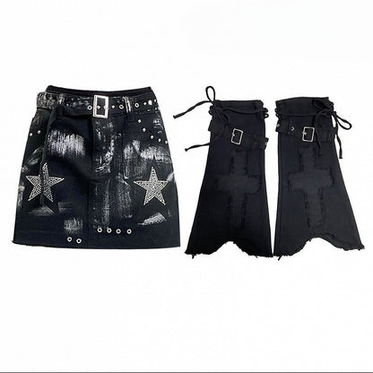 Star Cross Applique Skirt With Glamorous Black Y2K Rhinestone Leg Warmers