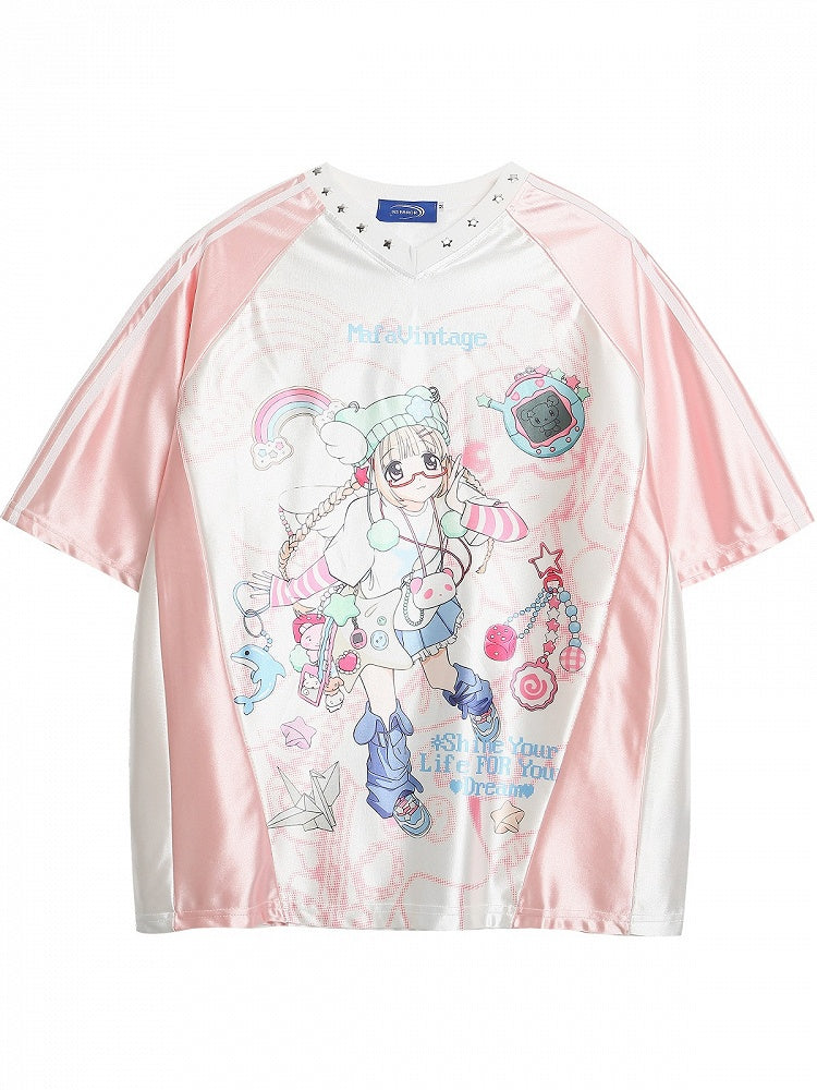 Kawaii Pink Satin V-Neck Tee with Anime Print - Languid Park