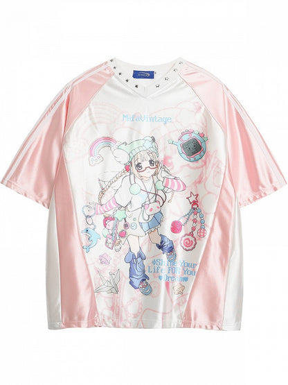Kawaii Pink Satin V-Neck Tee with Anime Print - Languid Park