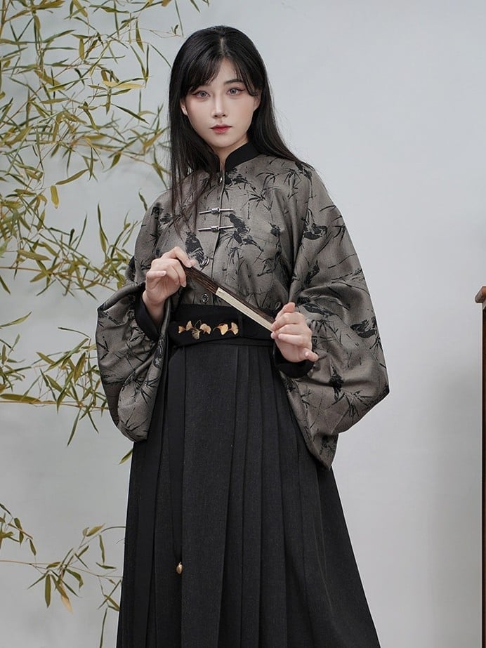 Banded Unisex with Blouse Sleeves Bamboo Pipa Grey Print Style Chinese Collar -